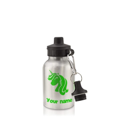 - Silver (400ml Mini) + Screw Cap (Unicorn Icon) Bright Green (Personalised with Text)
