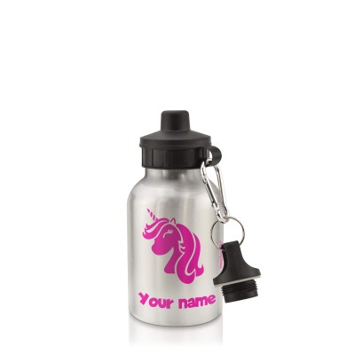 - Silver (400ml Mini) + Screw Cap (Unicorn Icon) Hot Pink (Fuchsia) (Personalised with Text)
