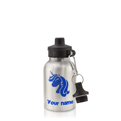 - Silver (400ml Mini) + Screw Cap (Unicorn Icon) Royal Blue (Personalised with Text)