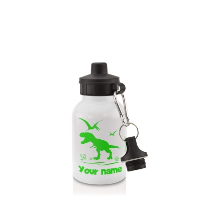 - White (400ml Mini) + Screw Cap with Dinosaur Icon Bright Green (Personalised with Text)