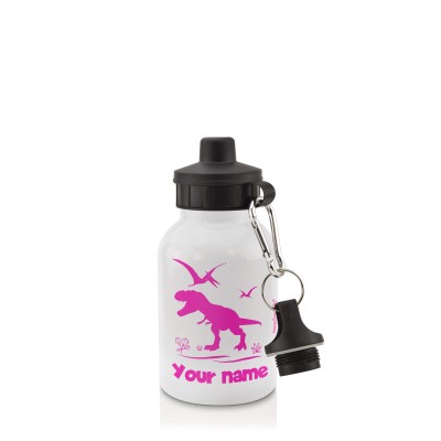 - White (400ml Mini) + Screw Cap with Dinosaur Icon Hot Pink (Fuchsia) (Personalised with Text)