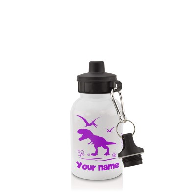 - White (400ml Mini) + Screw Cap with Dinosaur Icon Purple (Personalised with Text)