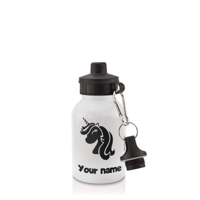 - White (400ml Mini) + Screw Cap (Unicorn Icon) Black (Personalised with Text)