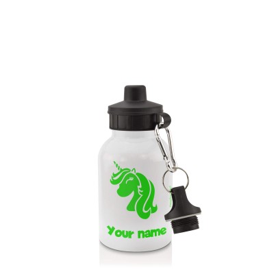 - White (400ml Mini) + Screw Cap (Unicorn Icon) Bright Green (Personalised with Text)