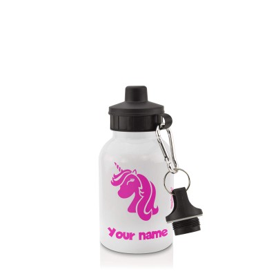 - White (400ml Mini) + Screw Cap (Unicorn Icon) Hot Pink (Fuchsia) (Personalised with Text)