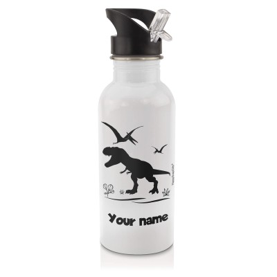 in White (600ml) with Drinking Straw with Dinosaur Icon Black (Personalised with Text)