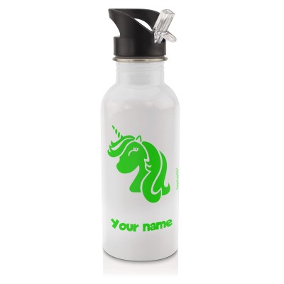 in White (600ml) with Drinking Straw (Unicorn Icon) Bright Green (Personalised with Text)