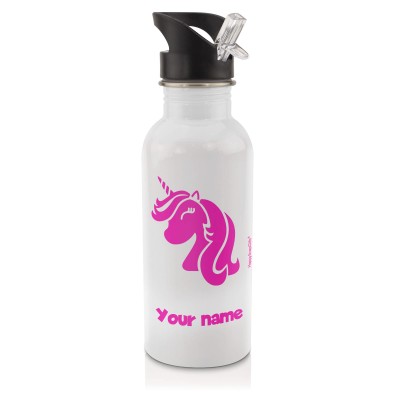 in White (600ml) with Drinking Straw (Unicorn Icon) Hot Pink (Fuchsia) (Personalised with Text)