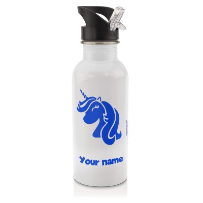 in White (600ml) with Drinking Straw (Unicorn Icon) Royal Blue (Personalised with Text)