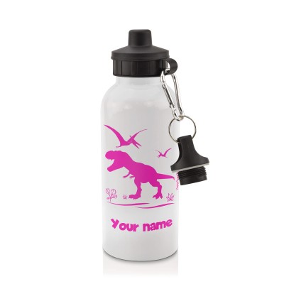 in White (600ml) with Screw Cap with Dinosaur Icon Hot Pink (Fuchsia) (Personalised with Text)