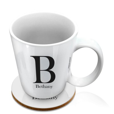 (10oz White) Black (Personalised with Text) with 1 matching Circular Coaster