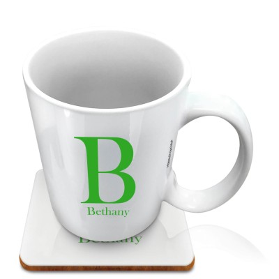 (10oz White) Bright Green (Personalised with Text) with 1 matching Square Coaster