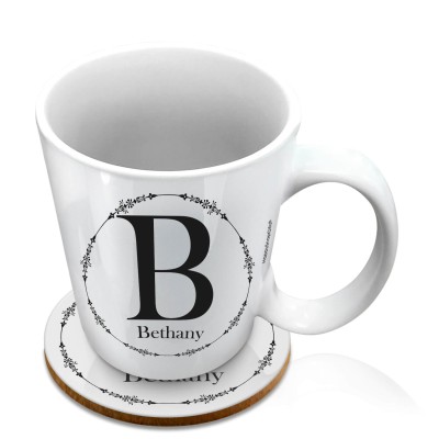 (10oz White) with Circular Ring Theme Black (Personalised with Text) with 1 matching Circular Coaster