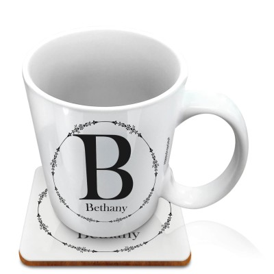 (10oz White) with Circular Ring Theme Black (Personalised with Text) with 1 matching Square Coaster