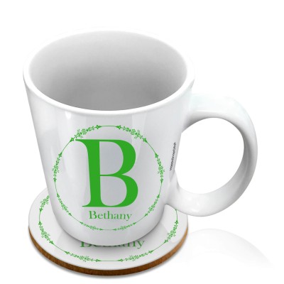 (10oz White) with Circular Ring Theme Bright Green (Personalised with Text) with 1 matching Circular Coaster