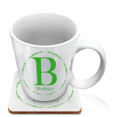 (10oz White) with Circular Ring Theme Bright Green (Personalised with Text) with 1 matching Square Coaster