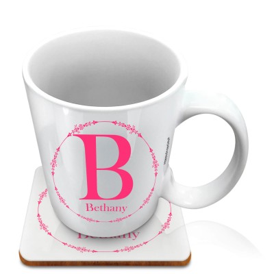(10oz White) with Circular Ring Theme Hot Pink (Fuchsia) (Personalised with Text) with 1 matching Square Coaster