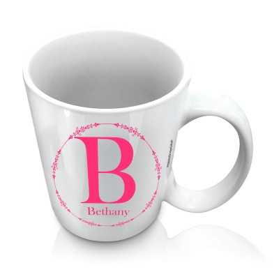 (10oz White) with Circular Ring Theme Hot Pink (Fuchsia) (Personalised with Text)