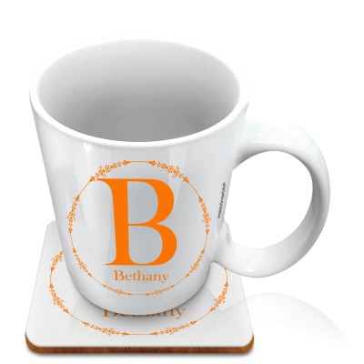 (10oz White) with Circular Ring Theme Burnt Orange (Personalised with Text) with 1 matching Square Coaster