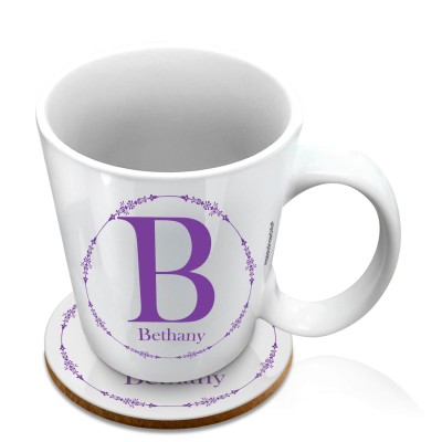 (10oz White) with Circular Ring Theme Purple (Personalised with Text) with 1 matching Circular Coaster