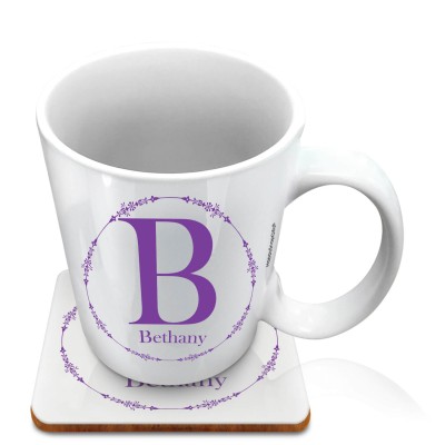 (10oz White) with Circular Ring Theme Purple (Personalised with Text) with 1 matching Square Coaster