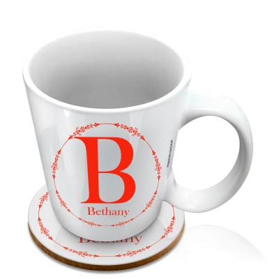 (10oz White) with Circular Ring Theme Red (Personalised with Text) with 1 matching Circular Coaster