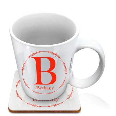 (10oz White) with Circular Ring Theme Red (Personalised with Text) with 1 matching Square Coaster