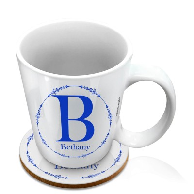 (10oz White) with Circular Ring Theme Royal Blue (Personalised with Text) with 1 matching Circular Coaster