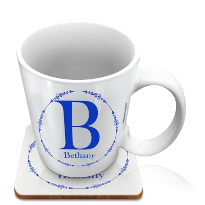 (10oz White) with Circular Ring Theme Royal Blue (Personalised with Text) with 1 matching Square Coaster