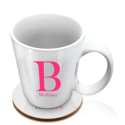 (10oz White) with Circular Ring Theme Hot Pink (Fuchsia) (Personalised with Text) with 1 matching Circular Coaster