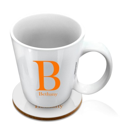 (10oz White) Burnt Orange (Personalised with Text) with 1 matching Circular Coaster