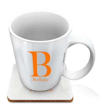 (10oz White) Burnt Orange (Personalised with Text) with 1 matching Square Coaster