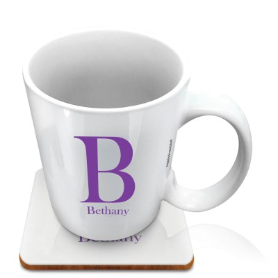(10oz White) Purple (Personalised with Text) with 1 matching Square Coaster