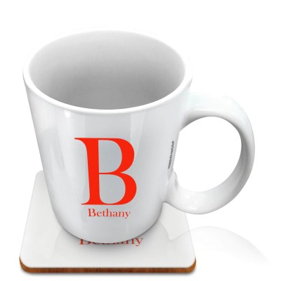 (10oz White) Red (Personalised with Text) with 1 matching Square Coaster