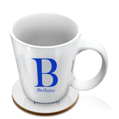 (10oz White) Royal Blue (Personalised with Text) with 1 matching Circular Coaster