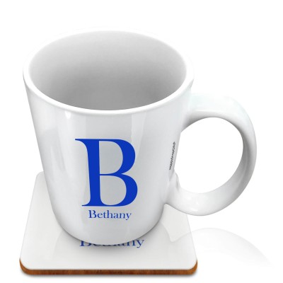 (10oz White) Royal Blue (Personalised with Text) with 1 matching Square Coaster