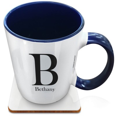 (XL 15oz Blue Inner & Handle) Black (Personalised with Text) with 1 matching Square Coaster