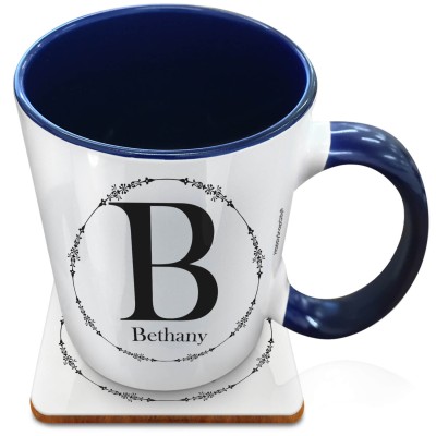 (XL 15oz Blue Inner & Handle) with Circular Ring Theme Black (Personalised with Text) with 1 matching Square Coaster