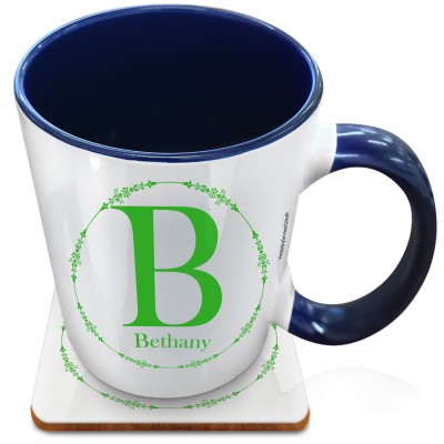 (XL 15oz Blue Inner & Handle) with Circular Ring Theme Bright Green (Personalised with Text) with 1 matching Square Coaster