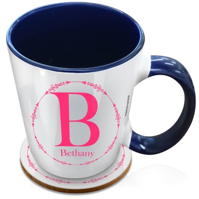 (XL 15oz Blue Inner & Handle) with Circular Ring Theme Hot Pink (Fuchsia) (Personalised with Text) with 1 matching Circular Coaster