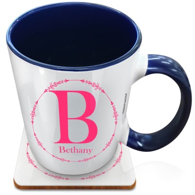 (XL 15oz Blue Inner & Handle) with Circular Ring Theme Hot Pink (Fuchsia) (Personalised with Text) with 1 matching Square Coaster