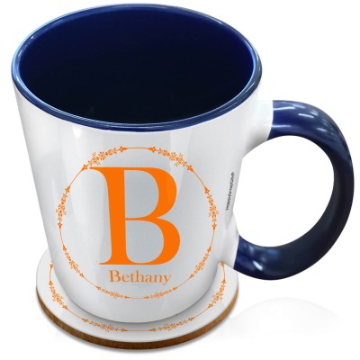(XL 15oz Blue Inner & Handle) with Circular Ring Theme Burnt Orange (Personalised with Text) with 1 matching Circular Coaster