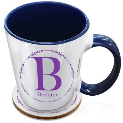 (XL 15oz Blue Inner & Handle) with Circular Ring Theme Purple (Personalised with Text) with 1 matching Circular Coaster