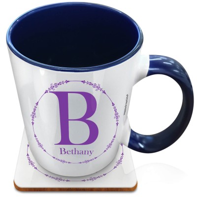 (XL 15oz Blue Inner & Handle) with Circular Ring Theme Purple (Personalised with Text) with 1 matching Square Coaster