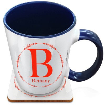 (XL 15oz Blue Inner & Handle) with Circular Ring Theme Red (Personalised with Text) with 1 matching Square Coaster