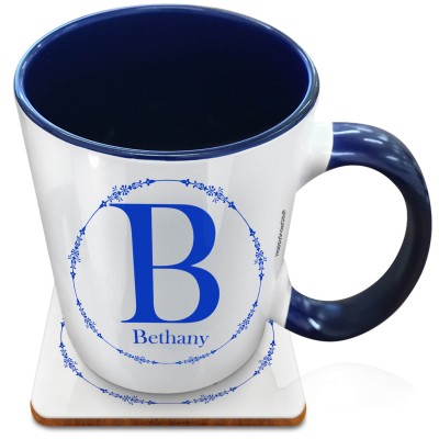 (XL 15oz Blue Inner & Handle) with Circular Ring Theme Royal Blue (Personalised with Text) with 1 matching Square Coaster