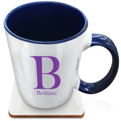 (XL 15oz Blue Inner & Handle) Purple (Personalised with Text) with 1 matching Square Coaster