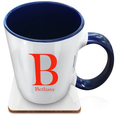 (XL 15oz Blue Inner & Handle) Red (Personalised with Text) with 1 matching Square Coaster