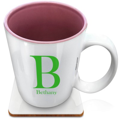 (XL 15oz Pink) Bright Green (Personalised with Text) with 1 matching Square Coaster