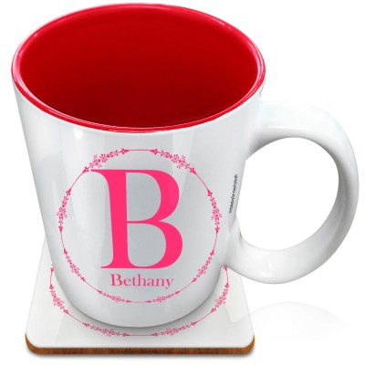 (XL 15oz Red) with Circular Ring Theme Hot Pink (Fuchsia) (Personalised with Text) with 1 matching Square Coaster